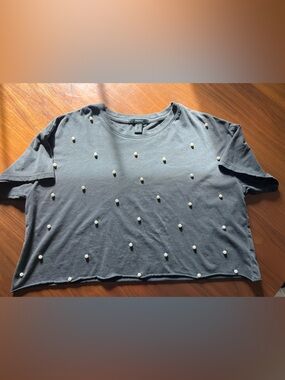 Forever 21 Charcoal Crewneck Tee with Subtle Pearl Accents